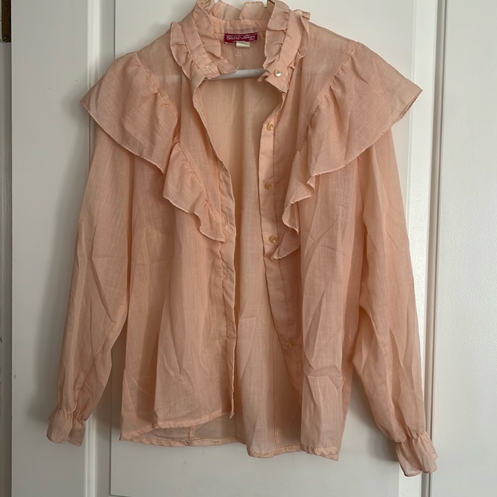 VINTAGE button up BLOUSE delicate gauze ruffles interesting collar - Picture 2 of 5